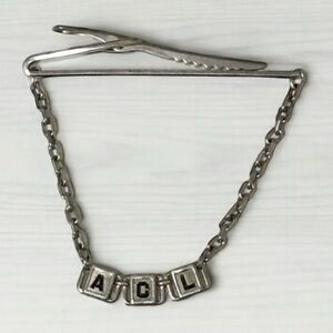 Vintage Hickok Silver Tone Chain Tie Bar Crocodile Clip Initials ACL Repurposed